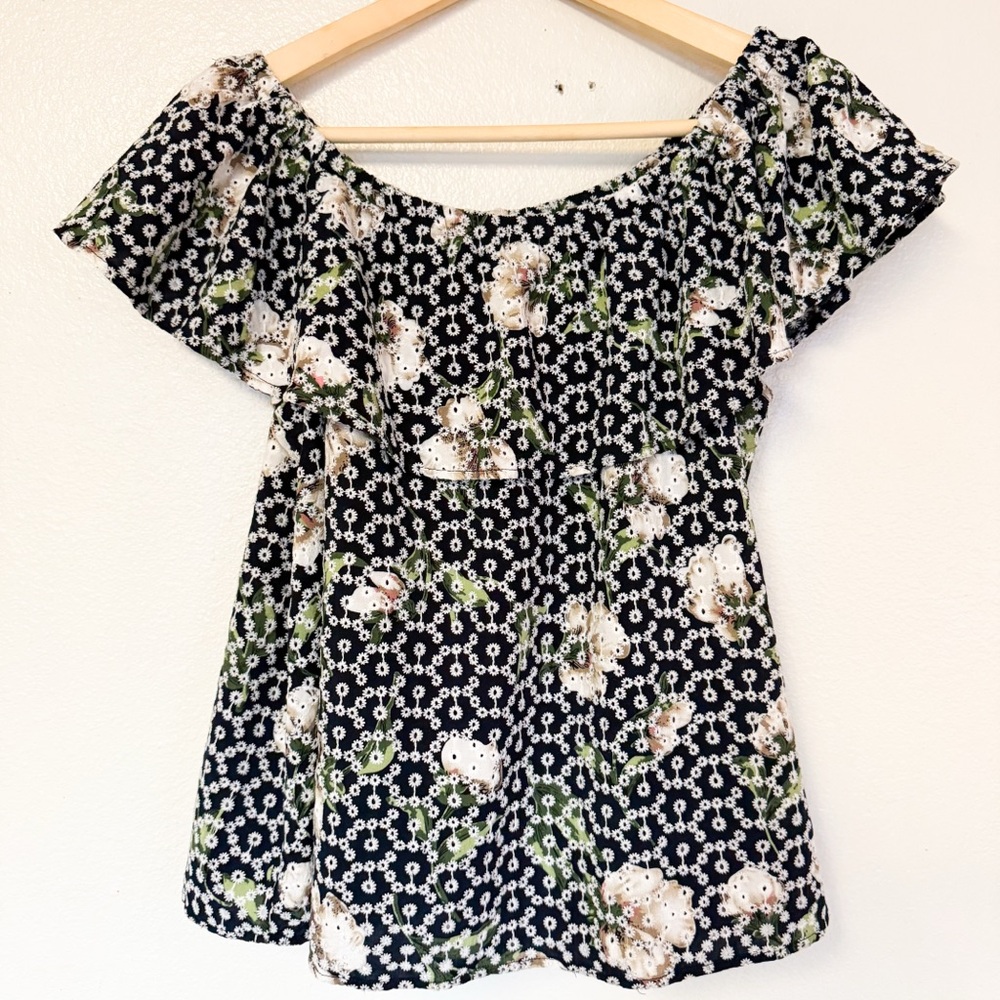 Entro Black Floral Off Shoulder Blouse | Boho Peasant Top Size M